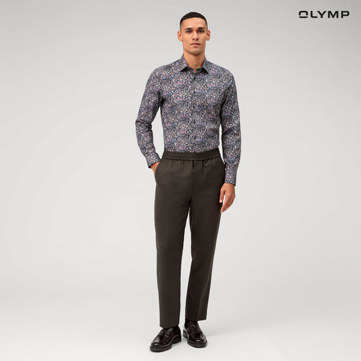 "OLYMP  Level Five Shirt เสื้อเชิ้ตชาย ผ้าเรียบลายพิมพ์กราฟิก สีกรมท่าเข้ม  ทรงพอดีตัว ยืดหยุ่นได้ดี รีดง่าย SUMM24 