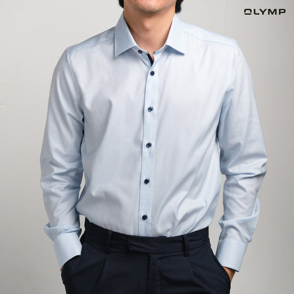 OLYMP  Level Five Shirt เสื้อเชิ้ตผู้ชายแขนยาว สีฟ้าอ่อน ผ้าเท็กเจอร์แต่งแขน ทรงพอดีตัว ยืดหยุ่นได้ดี รีดง่าย  AUTU24 