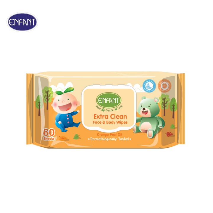 ENFANT (อองฟองต์) Extra Clean Face & Body Wipes ผ้าเช็ดทำความสะอาดแบบเปียก สูตร Orange Peel Oil 1แพ็ค/3ห่อ 60แผ่น/ห่อ ICCSHOPPING