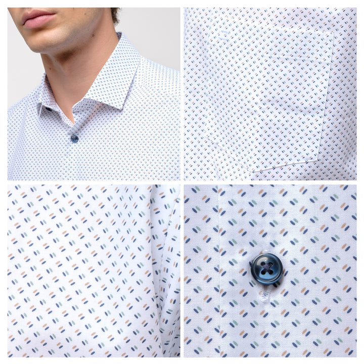 OLYMP  24/Seven DYNAMIC FLEX  LUXOR Shirt เสื้อเชิ้ตชายแขนสั้น สีขาว ลายพิมพ์มินิมัล ทรงหลวม ใส่สบาย รีดง่าย (SPRING24) SPRI24 