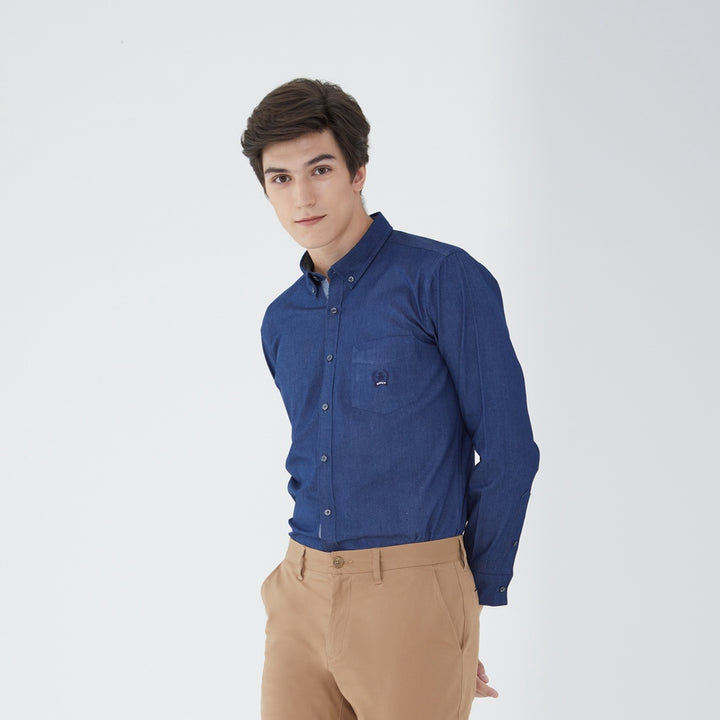 ARROW SOFT JEAN SHIRT - เนื้อยีนส์บาง สวมใส่สบาย- เสื้อเชิ้ตลำลองแขนยาวสีกรม ทรง SLIM FIT รหัส MACS774 NV 