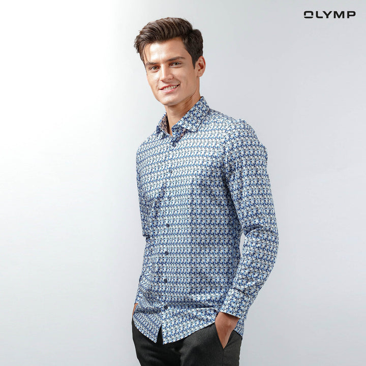 OLYMP  Level Five Shirt เสื้อเชิ้ตชาย สีฟ้า พิมพ์ลายกราฟิก ทรงพอดีตัว ยืดหยุ่นได้ดี รีดง่าย AUTU23 