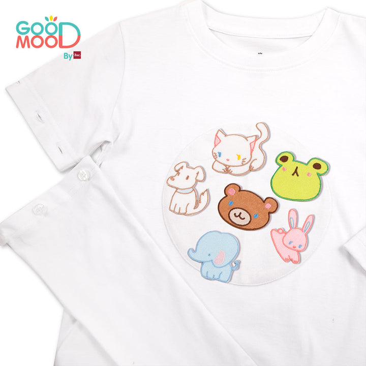 Good Mood by bsc เสื้อยืดคอกลมแขนยาวถอดแขน สีขาว + PATCHES ลายสัตว์ 6 ชิ้น สำหรับเด็กอายุ 2-9 ปี ผ้าคอตตอน ICCSHOPPING