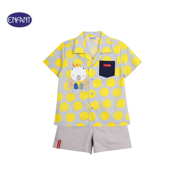 ENFANT (อองฟองต์) เสื้อแขนสั้น+กางเกงขาสั้น สำหรับเด็ก 6 เดือน - 8 ปี คอลเล็กชั่น Happy Polka Dots สีเทาจุดเหลือง 