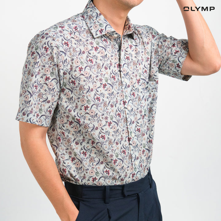 OLYMP  LUXOR Shirt เสื้อเชิ้ตผู้ชายแขนสั้น สีเขียวอ่อน พิมพ์ลายกราฟิกดอกไม้ ทรงหลวม ใส่สบาย รีดง่าย AUTU24 