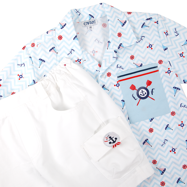ENFANT (อองฟองต์) ชุดเสื้อเชิ้ต+กางเกงสามส่วน สำหรับเด็ก 6 เดือน - 8 ปี คอลเล็กชั่น Marine ผ้าคอตตอน 100% สีฟ้า 