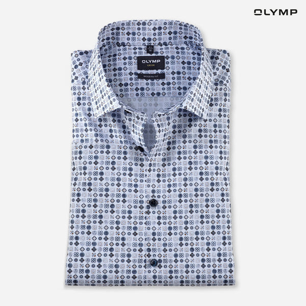 OLYMP  LUXOR Shirt เสื้อเชิ้ตผู้ชายแขนสั้น สีน้ำเงิน ผ้าเรียบ พิมพ์ลายกราฟิก ทรงหลวม ใส่สบาย รีดง่าย AUTU24 