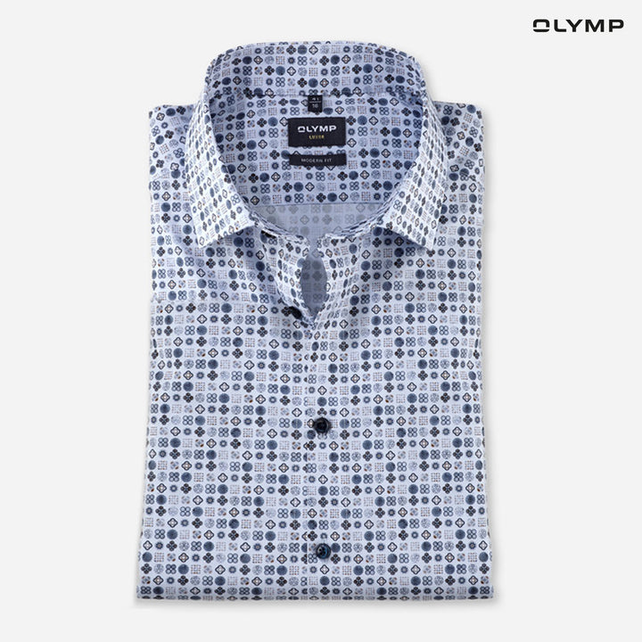 OLYMP  LUXOR Shirt เสื้อเชิ้ตผู้ชายแขนสั้น สีน้ำเงิน ผ้าเรียบ พิมพ์ลายกราฟิก ทรงหลวม ใส่สบาย รีดง่าย AUTU24 