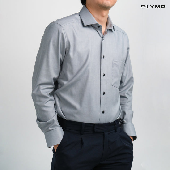 OLYMP  LUXOR Shirt เสื้อเชิ้ตผู้ชายแขนยาว สีเทา ผ้าเท็กเจอร์ ใส่สบาย รีดง่าย AUTU24 