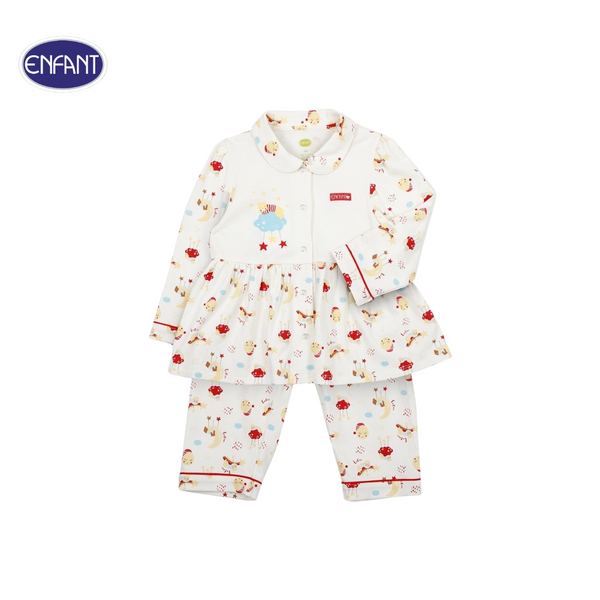 ENFANT (อองฟองต์) ชุดนอนแขนยาว+กางเกงขายาว สำหรับเด็กหญิง 1-10 ปี คอลเล็กชั่น Sleepy Bear ผ้าคอตตอนผสมใยไผ่ สีครีม 