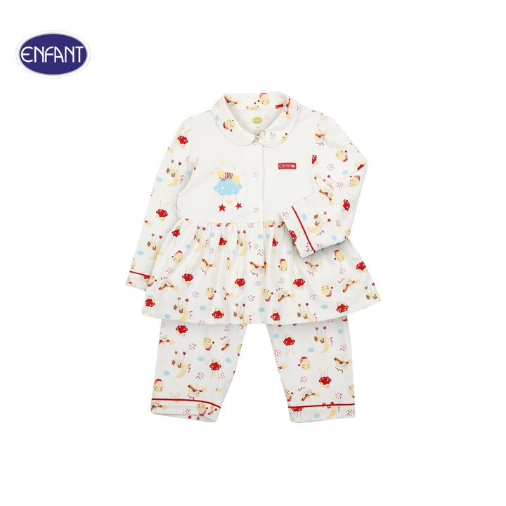 ENFANT (อองฟองต์) ชุดนอนแขนยาว+กางเกงขายาว สำหรับเด็กหญิง 1-10 ปี คอลเล็กชั่น Sleepy Bear ผ้าคอตตอนผสมใยไผ่ สีครีม 