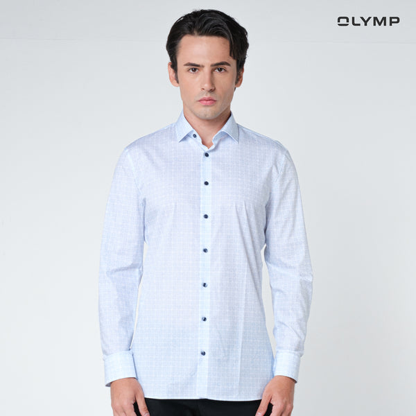 OLYMP  No. Six Shirt เสื้อเชิ้ตผ้าเรียบพิมพ์ลายเรโทรสีฟ้าอ่อน มีความยืดหยุ่น   ทรงเข้ารูป ยืดหยุ่นได้ดี รีดง่าย SUMM24 