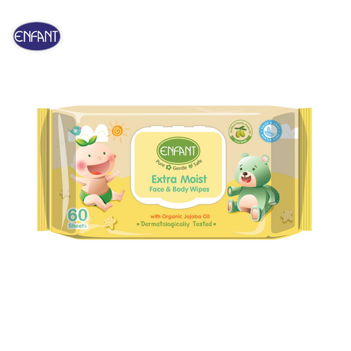 ENFANT (อองฟองต์) Extra Moist Face & Body Wipes ผ้าเช็ดทำความสะอาดแบบเปียก สูตร Organic Jojoba Oil 1แพ็ค/3ห่อ 60แผ่น/ห่อ ICCSHOPPING