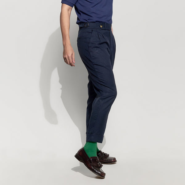 era-won กางเกงขายาว รุ่น Double Belts Trousers V4 ทรง Skinny Crop เอวสูง สี Shinori blue (กรม) ผ้าทอลาย 