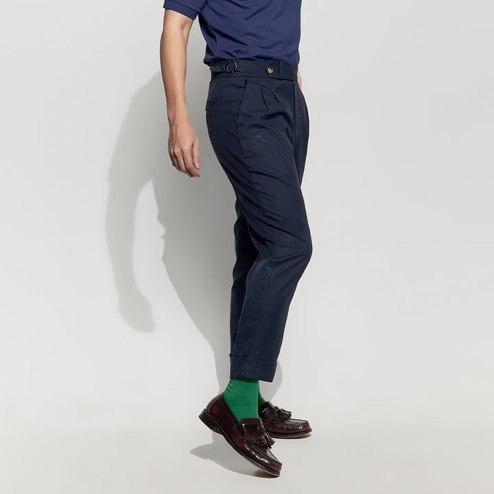 era-won กางเกงขายาว รุ่น Double Belts Trousers V4 ทรง Skinny Crop เอวสูง สี Shinori blue (กรม) ผ้าทอลาย 