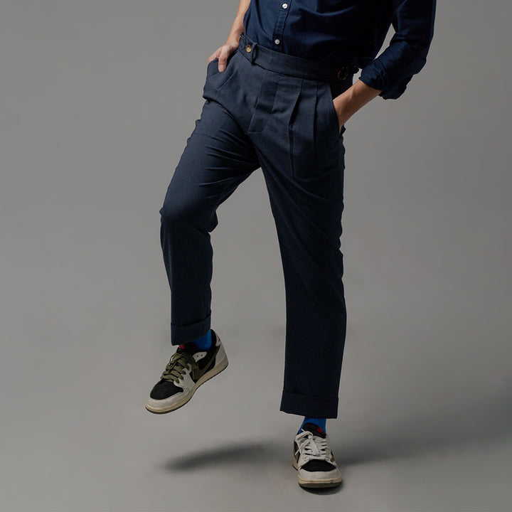era-won กางเกงขายาว รุ่น Double Belts Trousers V2 ทรง Skinny Crop เอวสูง สี Navy (กรม) ผ้าใหม่ 
