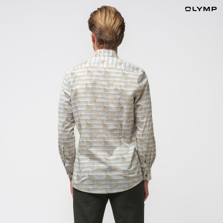 OLYMP  Level Five Shirt เสื้อเชิ้ตชาย ลายพิมพ์สีน้ำตาล ทรงพอดีตัว ยืดหยุ่นได้ดี รีดง่าย SPRI24 