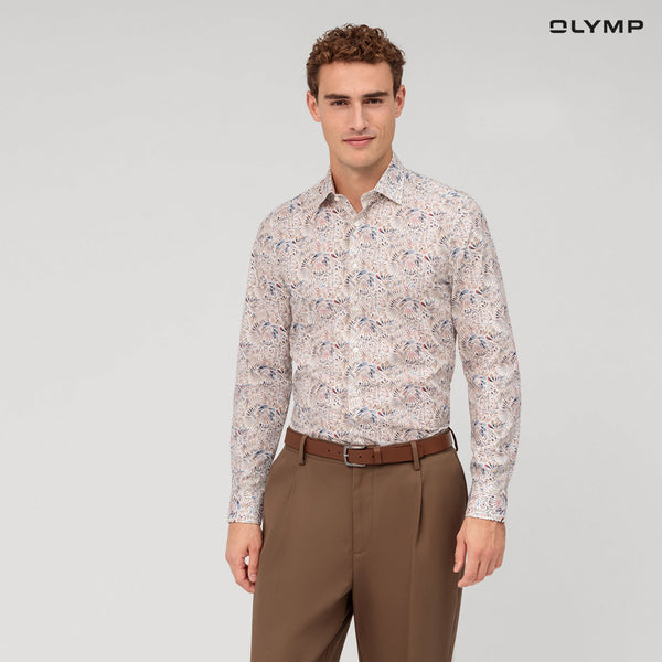 OLYMP  Level Five Shirt เสื้อเชิ้ตชาย ผ้าเรียบลายพิมพ์กราฟิก สีเบจ  ทรงพอดีตัว ยืดหยุ่นได้ดี รีดง่าย SUMM24 