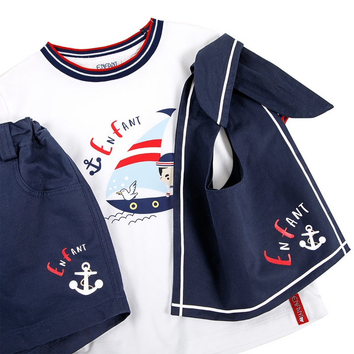 ENFANT (อองฟองต์) ชุดเสื้อยืด+กางเกงสามส่วน สำหรับเด็ก 6 เดือน - 8 ปี คอลเล็กชั่น Marine ผ้าคอตตอน 100% สีขาว 