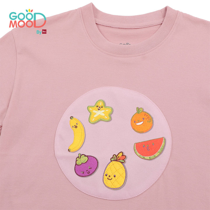 Good Mood by bsc เสื้อยืดคอกลม แขนสั้น สีชมพู + PATCHES ลายผลไม้ 6 ชิ้น สำหรับเด็กอายุ 2-9 ปี ผ้าคอตตอน ICCSHOPPING