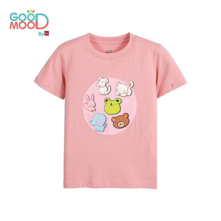 Good Mood by bsc เสื้อยืดคอกลมแขนยาวถอดแขน สีชมพู + PATCHES ลายสัตว์ 6 ชิ้น สำหรับเด็กอายุ 2-9 ปี ผ้าคอตตอน ICCSHOPPING