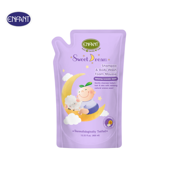 ENFANT (อองฟองต์) Sweet Dream Shampoo & Body wash Foam Mousse อาบสระปั๊มโฟมเนื้อมูส กลิ่นลาเวนเดอร์ ขนาด 400 ml. เซ็ตสุดคุ้ม 1ถุงแถม1ถุง 