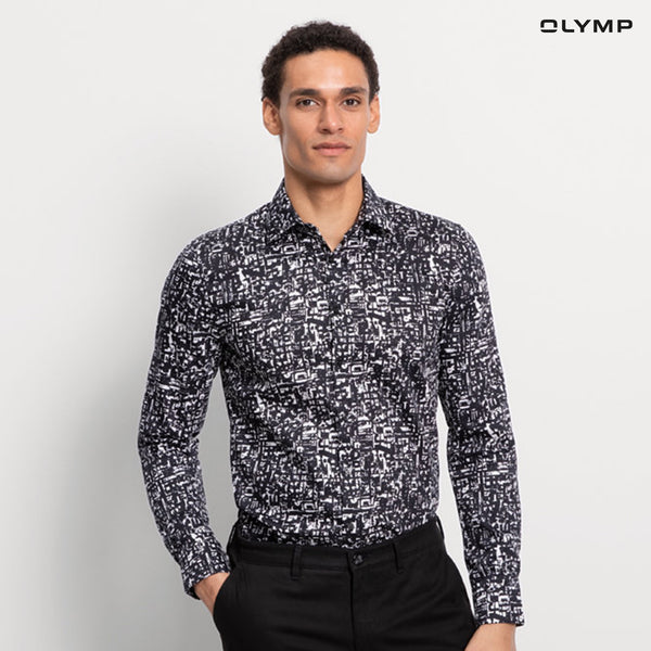 OLYMP No. Six Shirt เสื้อเชิ้ตผู้ชายแขนยาว  สีดำพิมพ์ลาย กราฟิก ทรงเข้ารูป ยืดหยุ่นได้ดี รีดง่าย  AUTU24 