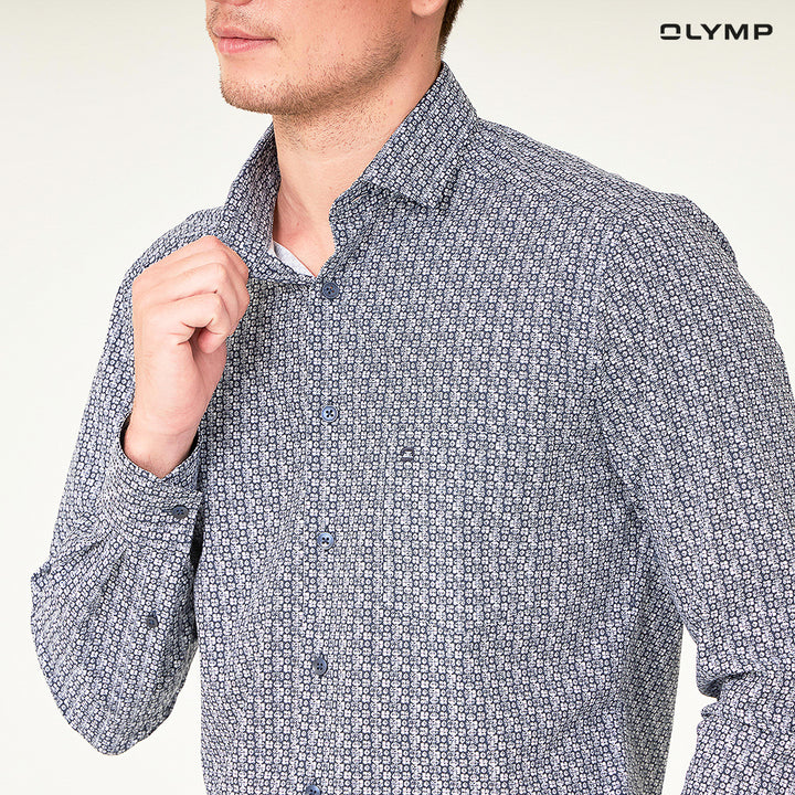 OLYMP  24/Seven LUXOR Shirt เสื้อเชิ้ตชาย สีกรมท่า ลายกราฟิก ทรงหลวม ปรับอุณหภูมิ ใส่สบาย รีดง่าย  AUTU23 