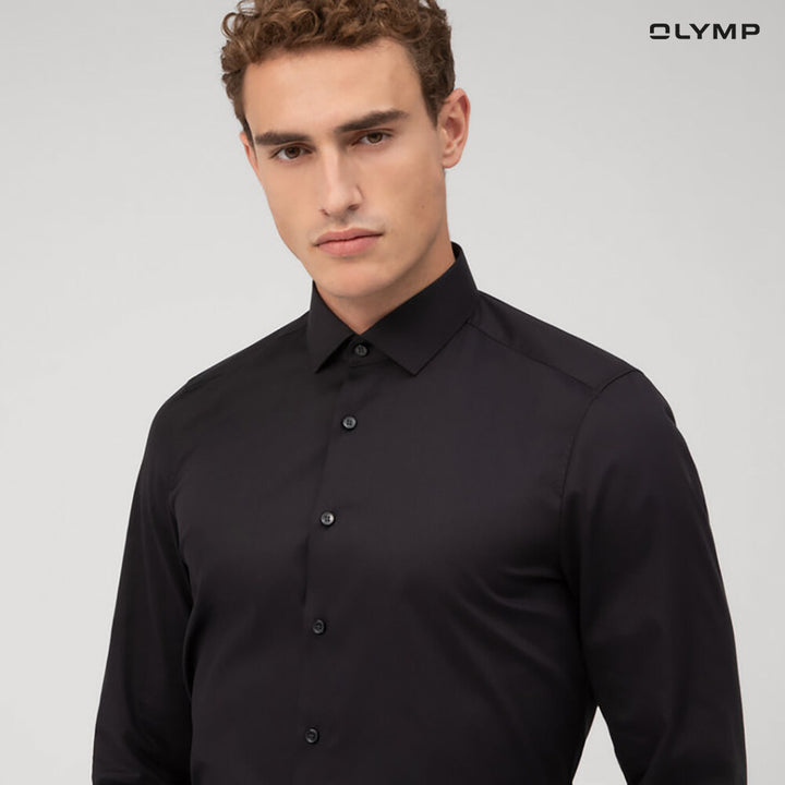 OLYMP  Level Five Shirt เสื้อเชิ้ตชาย สีดำผ้าเท็กเจอร์ไดมอนด์  ทรงพอดีตัว ยืดหยุ่นได้ดี รีดง่าย SUMM24 
