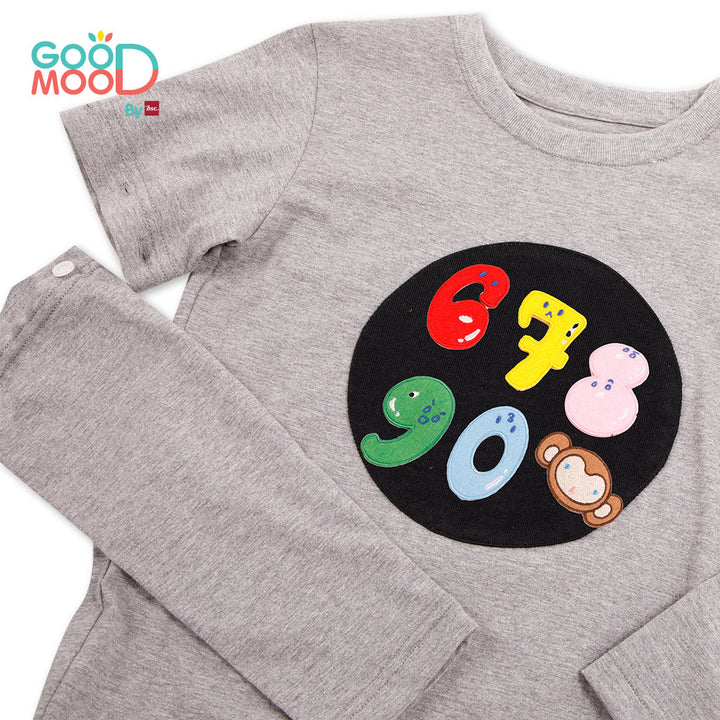 Good Mood by bsc เสื้อยืดคอกลมแขนยาวถอดแขน สีเทา + PATCHES ลายตัวเลข 6 ชิ้น สำหรับเด็กอายุ 2-9 ปี ผ้าคอตตอน ICCSHOPPING