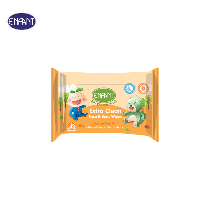 ENFANT (อองฟองต์) Extra Clean Face & Body Wipes ผ้าเช็ดทำความสะอาดแบบเปียก สูตร Orange Peel Oil 1แพ็ค/8ห่อ 22แผ่น/ห่อ ICCSHOPPING