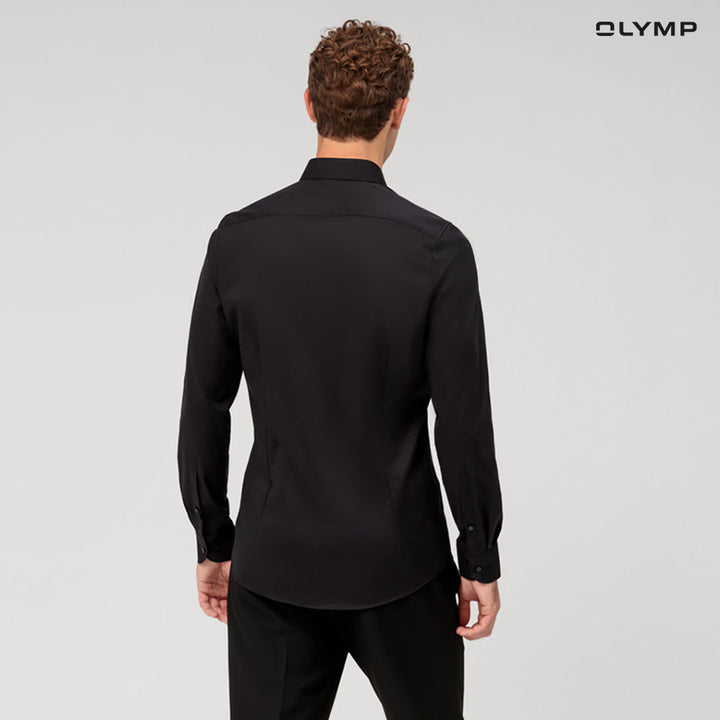 OLYMP  Level Five Shirt เสื้อเชิ้ตชาย สีดำผ้าเท็กเจอร์ไดมอนด์  ทรงพอดีตัว ยืดหยุ่นได้ดี รีดง่าย SUMM24 