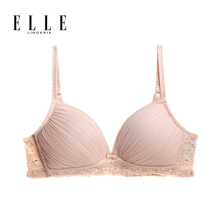 ELLE lingerie Moulded bra ยกทรงไร้โครงเต้าสามเหลี่ยมแต่งพลีทและผ้าลูกไม้ สีเบจ (LB6721) Elle