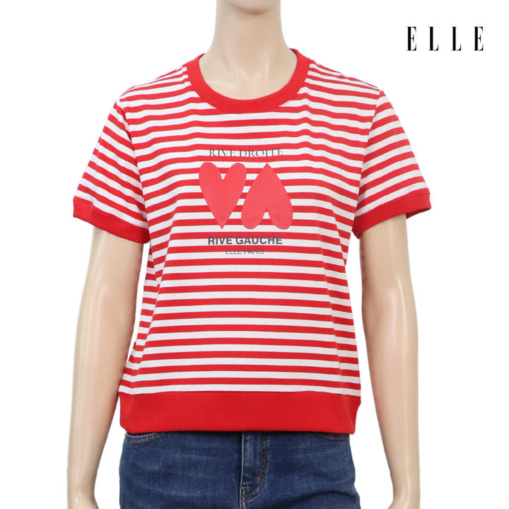 ELLE เสื้อยืด T-SHIRT ผ้า COTTON/SPANDEX ลายริ้ว แขนสั้น ทรง BASIC สกรีนลายกราฟฟิค รุ่น W3K699 ICCSHOPPING