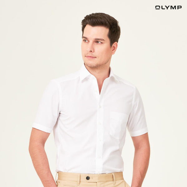 OLYMP LUXOR Shirt เสื้อเชิ้ตชาย แขนสั้น สีขาว ผ้าเรียบ ทรงหลวม รีดง่าย NOSLGR เสื้อเชิ้ตทำงาน ชุดทำงาน