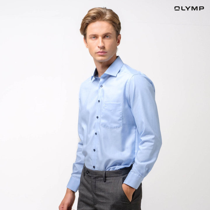 OLYMP LUXOR Shirt เสื้อเชิ้ตชาย  สีฟ้า ผ้าเท็กเจอร์ แต่งดีเทลน้ำเงิน ทรงหลวม ใส่สบาย รีดง่าย  NOSLGR ICCSHOPPING