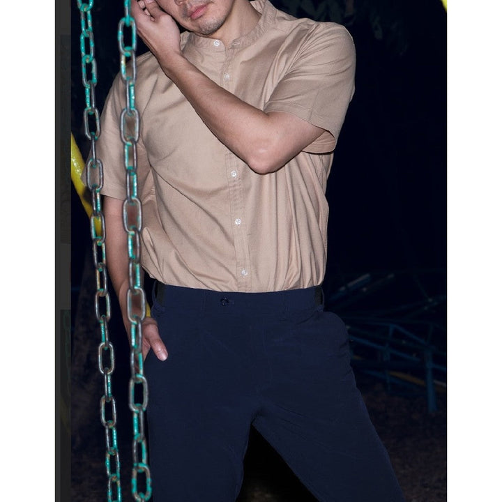 era-won เสื้อเชิ้ต คอจีน รุ่น OXFORD SHORT-SLEEVED MANDARIN COLLAR 100% COTTON ทรง Regular สี Beige ICCSHOPPING