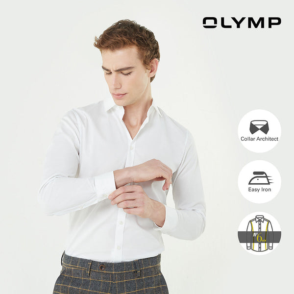 OLYMP No. Six Shirt เสื้อเชิ้ตชาย สีขาวผ้าเรียบ ทรงเข้ารูป ยืดหยุ่นได้ดี รีดง่าย NOSLGR เสื้อเชิ้ตทำงาน