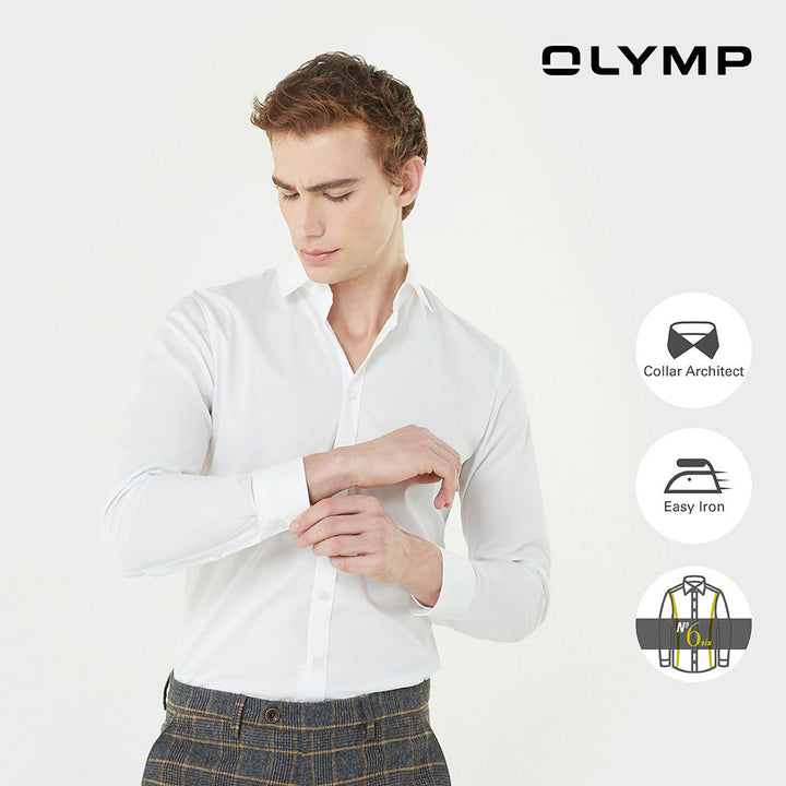 OLYMP No. Six Shirt เสื้อเชิ้ตชาย สีขาว ไซส์ ผ้าเรียบ ทรงเข้ารูป ยืดหยุ่นได้ดี รีดง่าย NOSLGR ICCSHOPPING