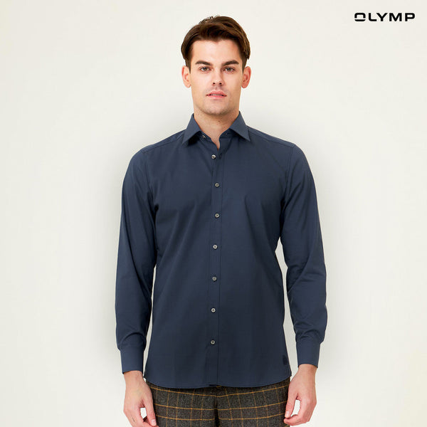 OLYMP Level Five Shirt เสื้อเชิ้ตชาย สีกรมท่าม ผ้าเรียบ ทรงพอดีตัว ยืดหยุ่นได้ดี รีดง่าย NOSLGR