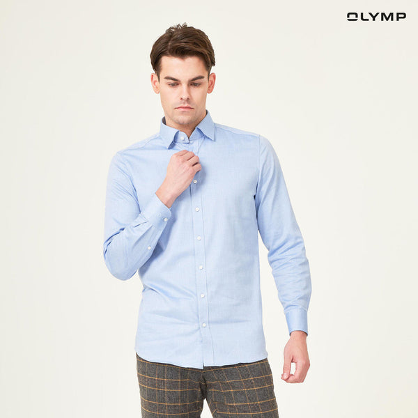 OLYMP Level Five Shirt เสื้อเชิ้ตชาย สีฟ้าเข้ม  ผ้าเท็กเจอร์ ทรงพอดีตัว ยืดหยุ่นได้ดี รีดง่าย  NOSLGR