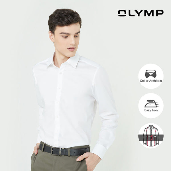 OLYMP Level Five Shirt เสื้อเชิ้ตชาย สีขาว ผ้าเรียบ ทรงพอดีตัว ยืดหยุ่นได้ดี รีดง่าย  NOSLGR เสื้อเชิ้ตทำงาน ชุดทำงาน