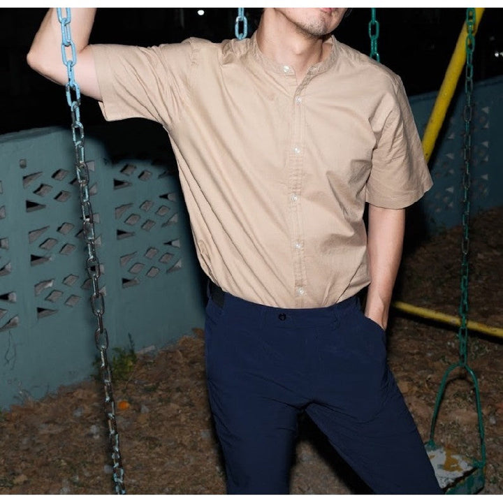 era-won เสื้อเชิ้ต คอจีน รุ่น OXFORD SHORT-SLEEVED MANDARIN COLLAR 100% COTTON ทรง Regular สี Beige ICCSHOPPING