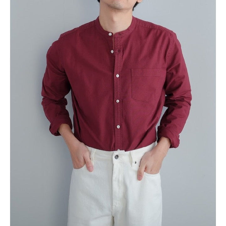 era-won เสื้อเชิ้ต ทรงปกติ Oxford Shirt แขนยาว คอจีน สี Maroon ICCSHOPPING