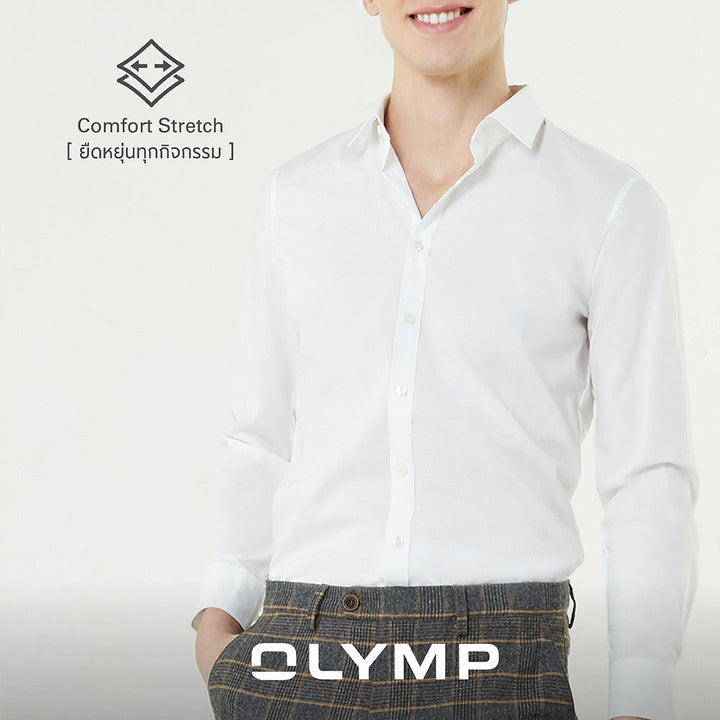 OLYMP No. Six Shirt เสื้อเชิ้ตชาย สีขาว ไซส์ ผ้าเรียบ ทรงเข้ารูป ยืดหยุ่นได้ดี รีดง่าย NOSLGR ICCSHOPPING