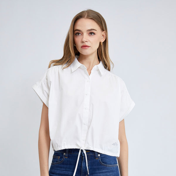 ELLE เสื้อเชิ๊ตสตรีผ้า COTTON แขนเกยพับเบิ้ล ทรงCROP ชายเสื้อผูกเอว ปักโลโก้ ELLE รุ่น W3B220 (มีให้เลือก4สี) 