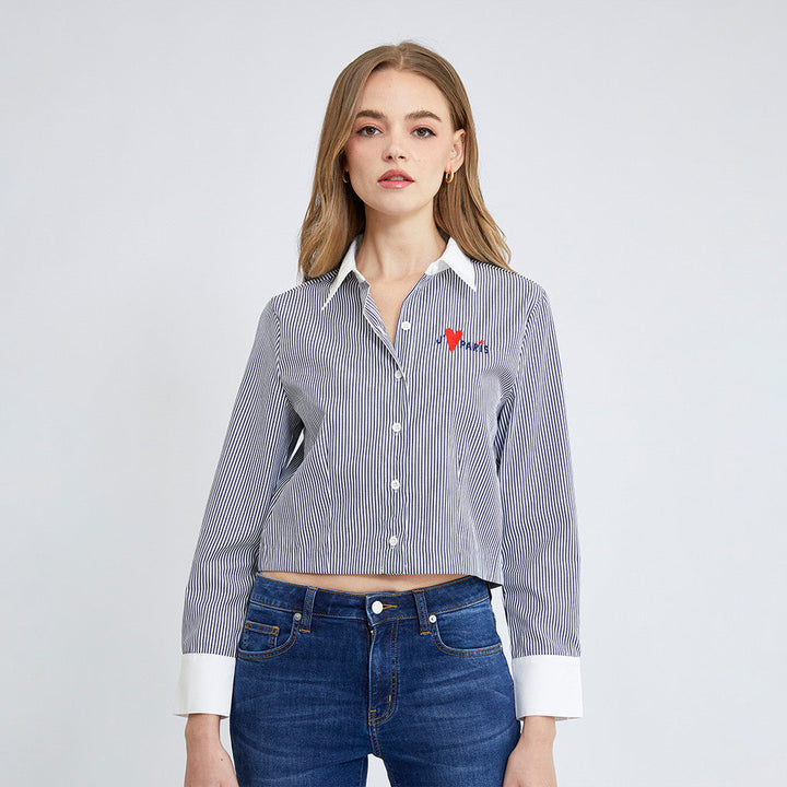 ELLE เสื้อเชิ๊ตสตรีผ้า COTTON YARNDYE แขนยาว ทรง Crop ปักโลโก้อก ELLE รุ่น W3B225 (มีให้เลือก2สี) ICCSHOPPING