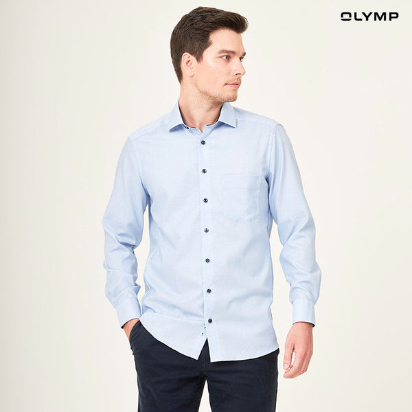 OLYMP LUXOR Shirt เสื้อเชิ้ตชาย  สีฟ้า ผ้าเท็กเจอร์ แต่งดีเทลน้ำเงิน ทรงหลวม ใส่สบาย รีดง่าย  NOSLGR ICCSHOPPING