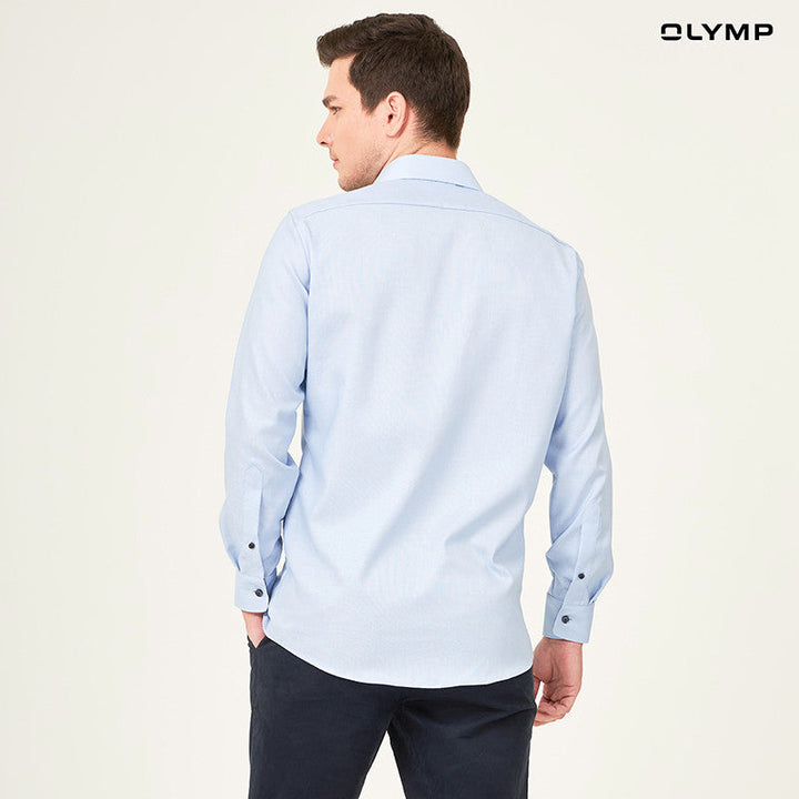 OLYMP LUXOR Shirt เสื้อเชิ้ตชาย  สีฟ้า ผ้าเท็กเจอร์ แต่งดีเทลน้ำเงิน ทรงหลวม ใส่สบาย รีดง่าย  NOSLGR ICCSHOPPING