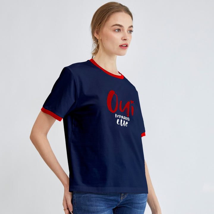 ELLE เสื้อยืด T-SHIRT แขนสั้น แต่งผ้า Rib สกรีนลายกราฟฟิค สีน้ำเงิน 